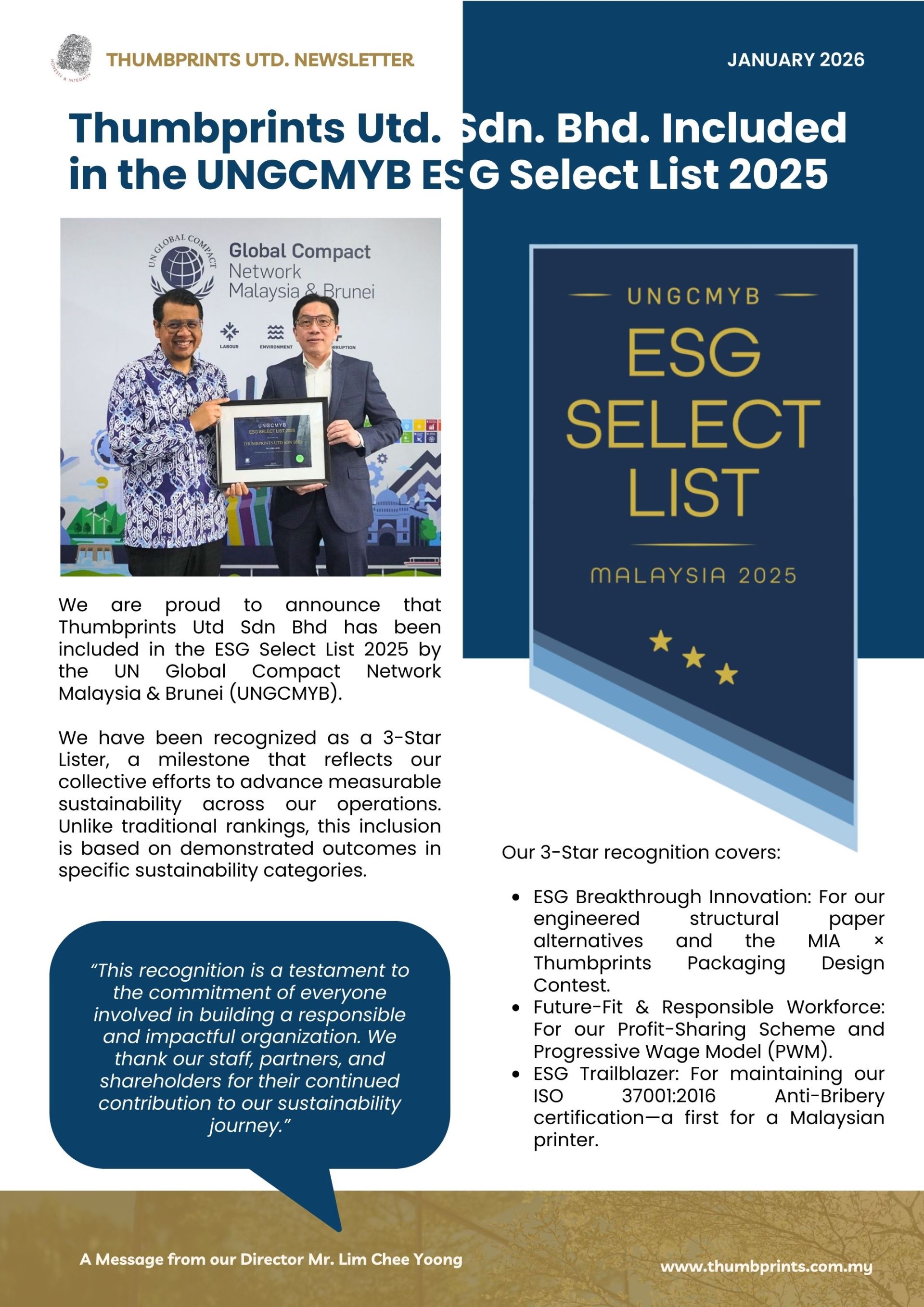 Thumbprints Utd Sdn Bhd Included in the UNGCMYB ESG Select List 2025